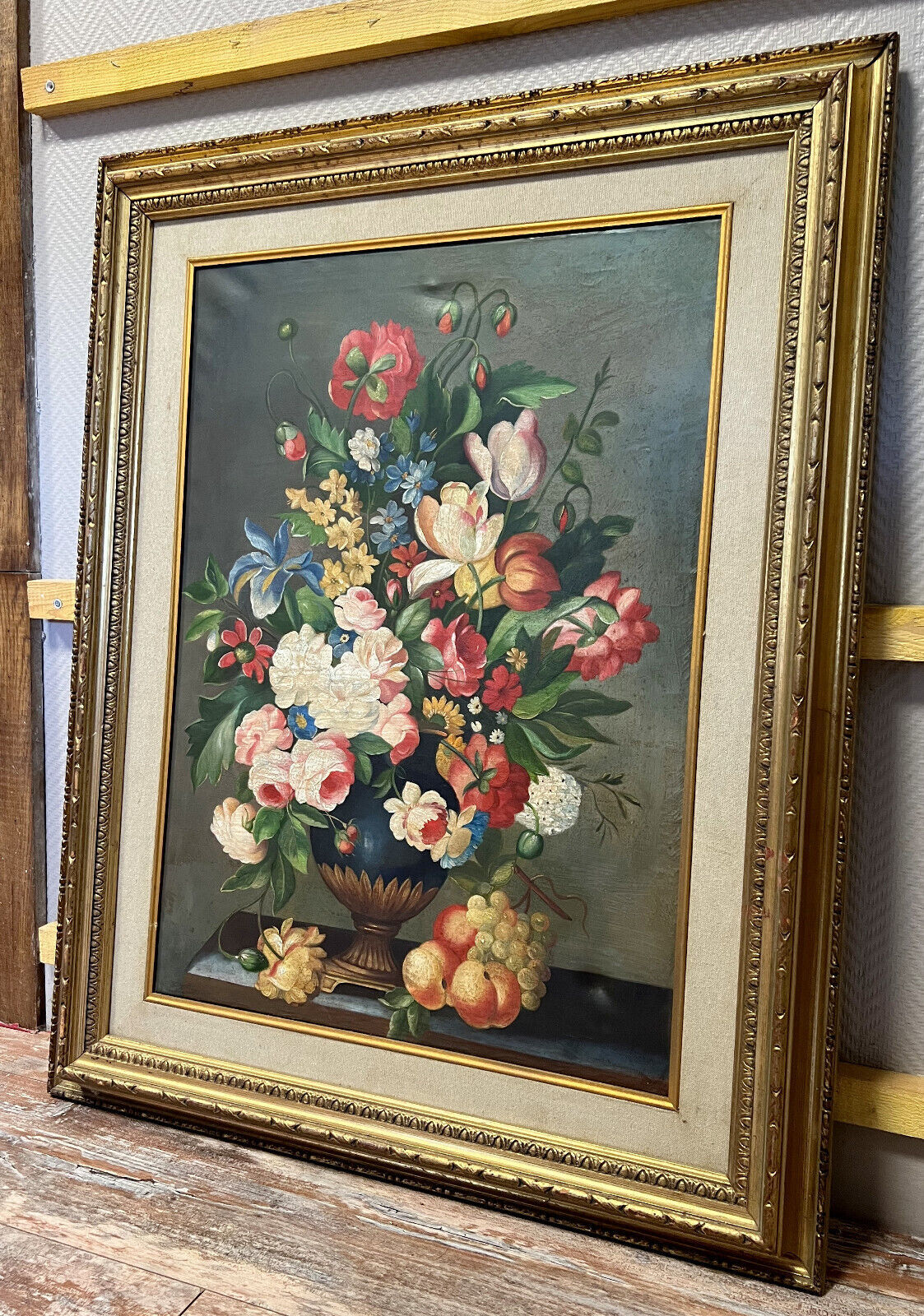 Vintage painting oil on canvas still life with flowers circa 1970