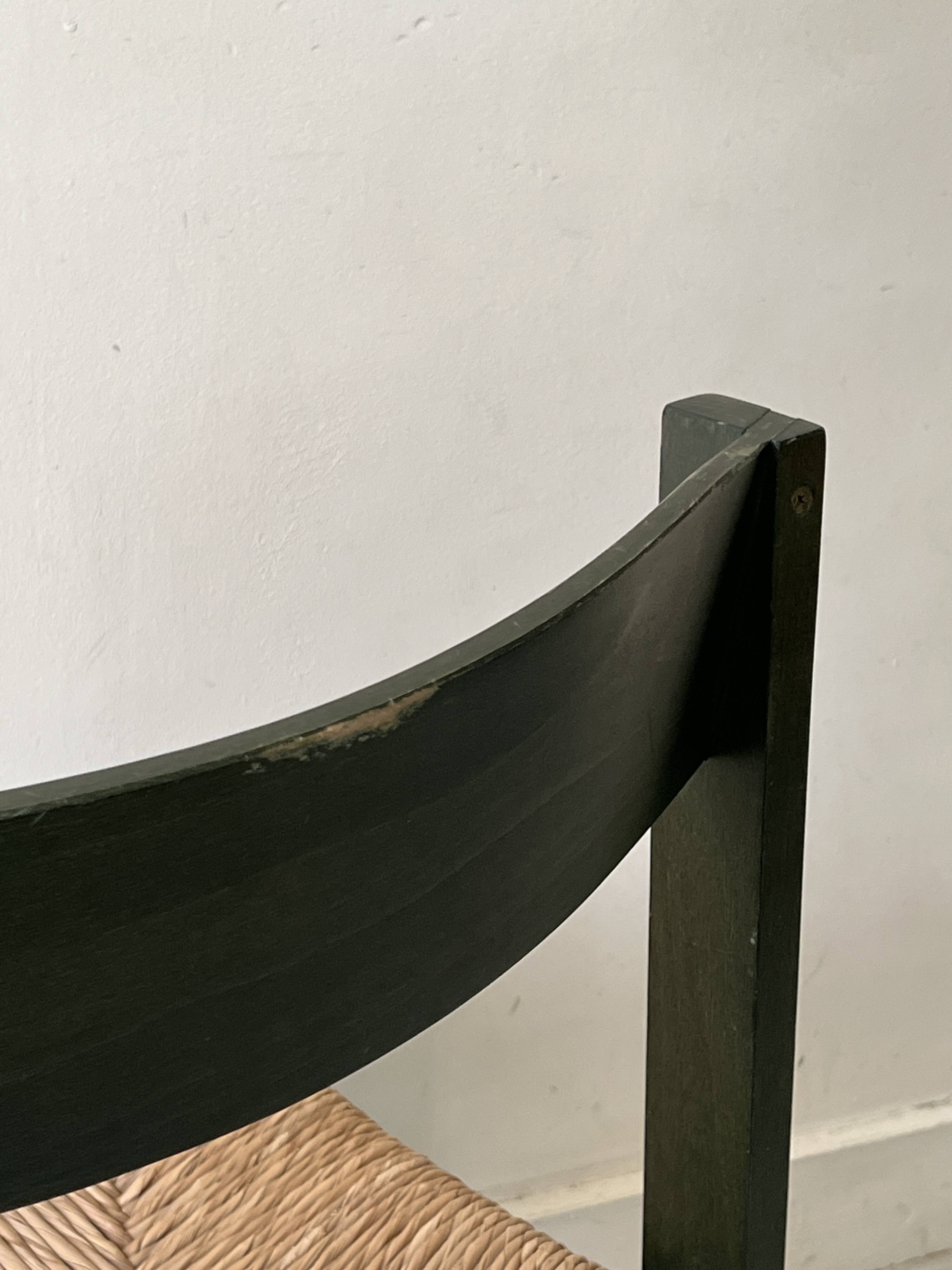 Bottle green patinated wooden straw chair, France 1950
