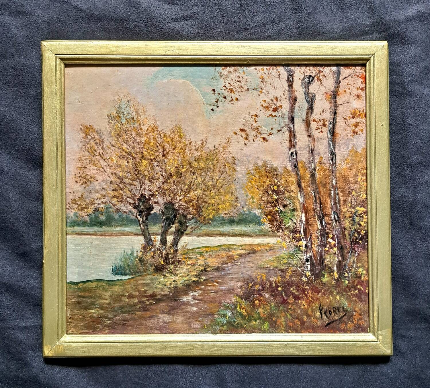 Impressionist painting, Oil on wood early 20th century, romantic landscape.