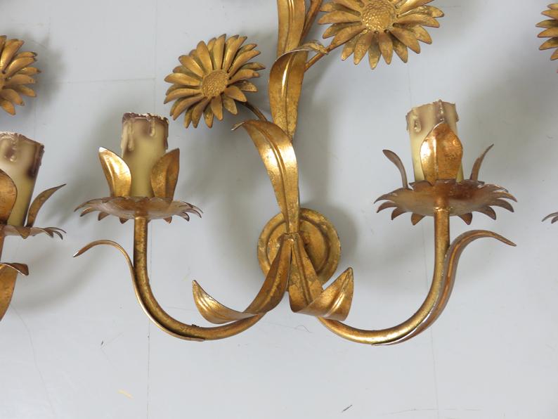 Series of 3 flower appliques "sunflowers" in 70s gold metal