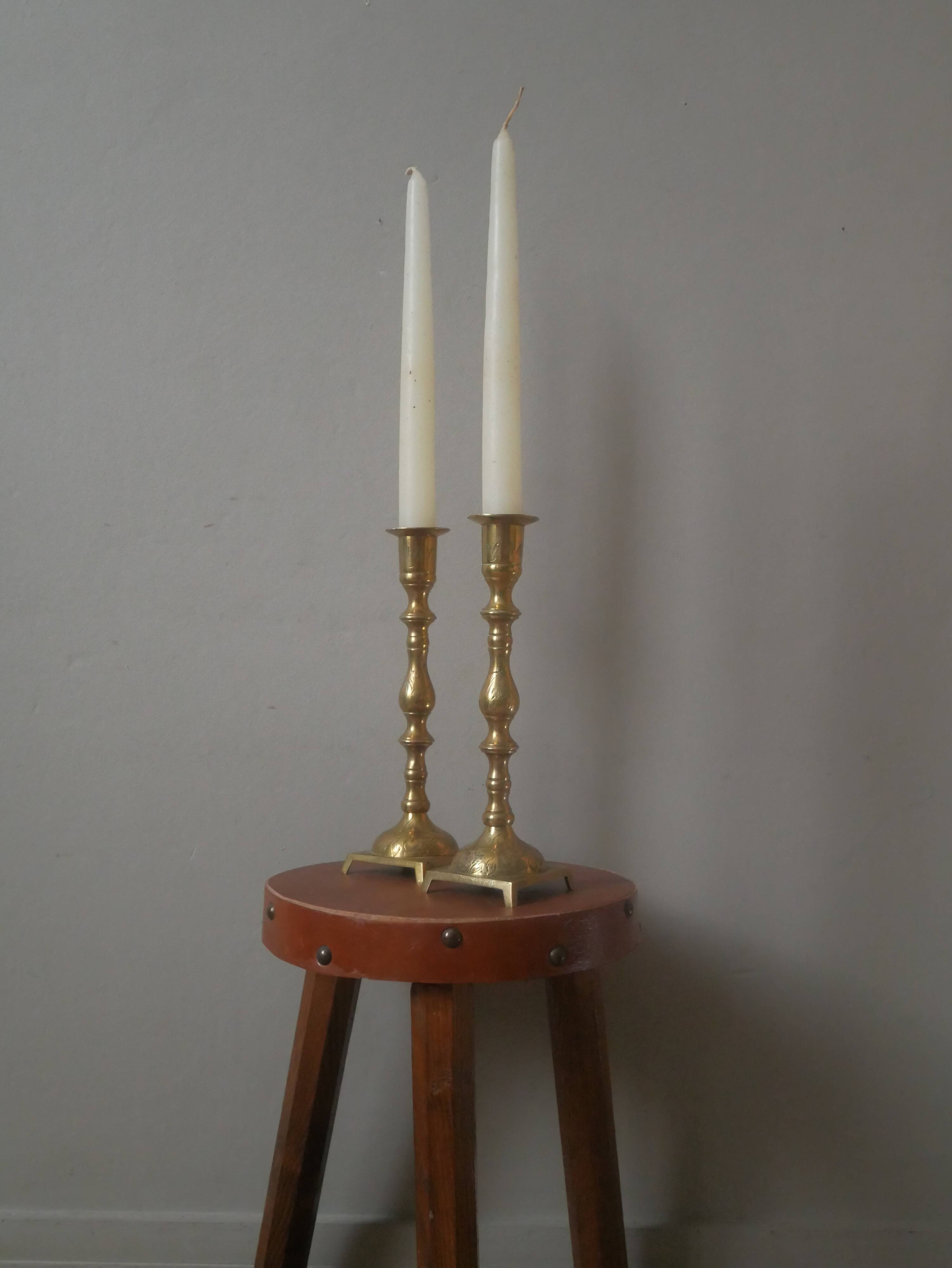 Pair of old brass candlesticks gold metal candelabra candlesticks Scandinavian country decoration