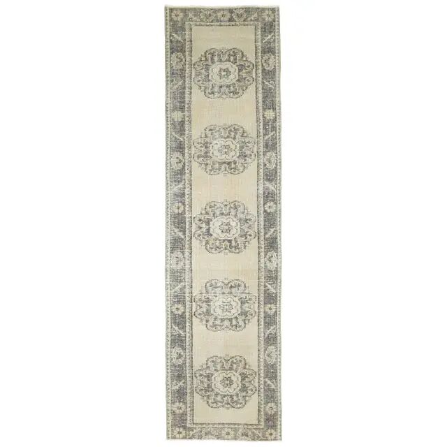 Vintage Turkish Oushak Handmade Wool Cotton Beige Runner 74x285