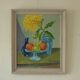 Huile sur panneau vintage d'origine – « Nature morte : Fruits et fleur jaune »