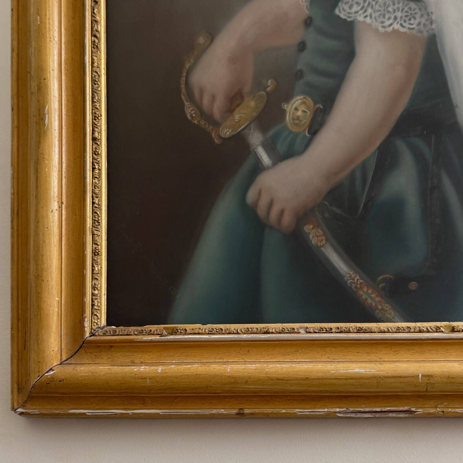 Watercolor on paper portrait of a young girl with a sword 19th century