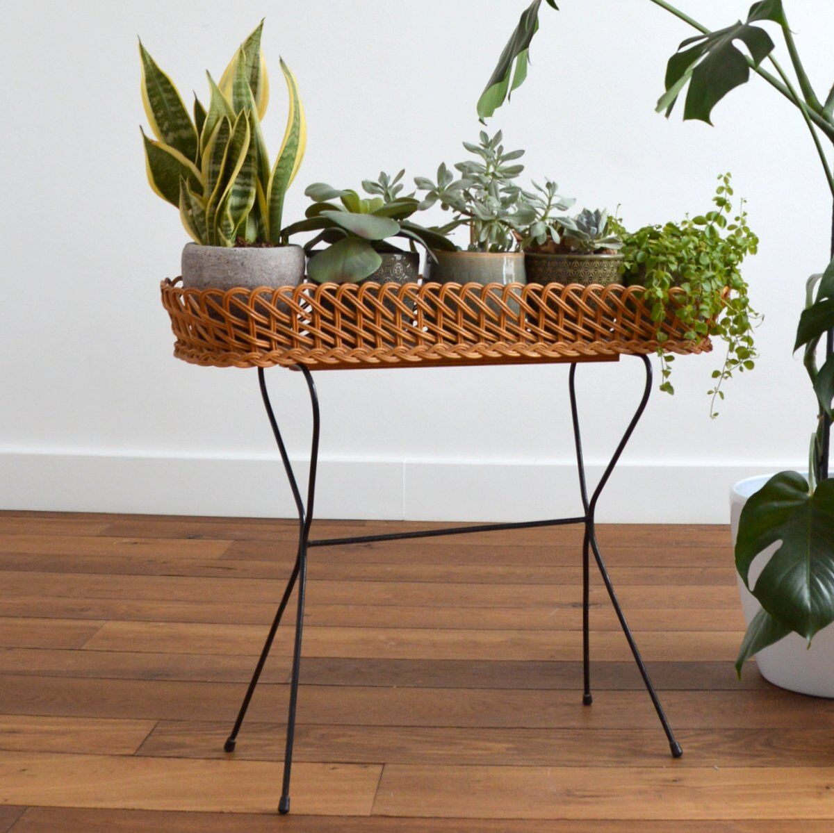 Rattan and metal plant holder 1960s