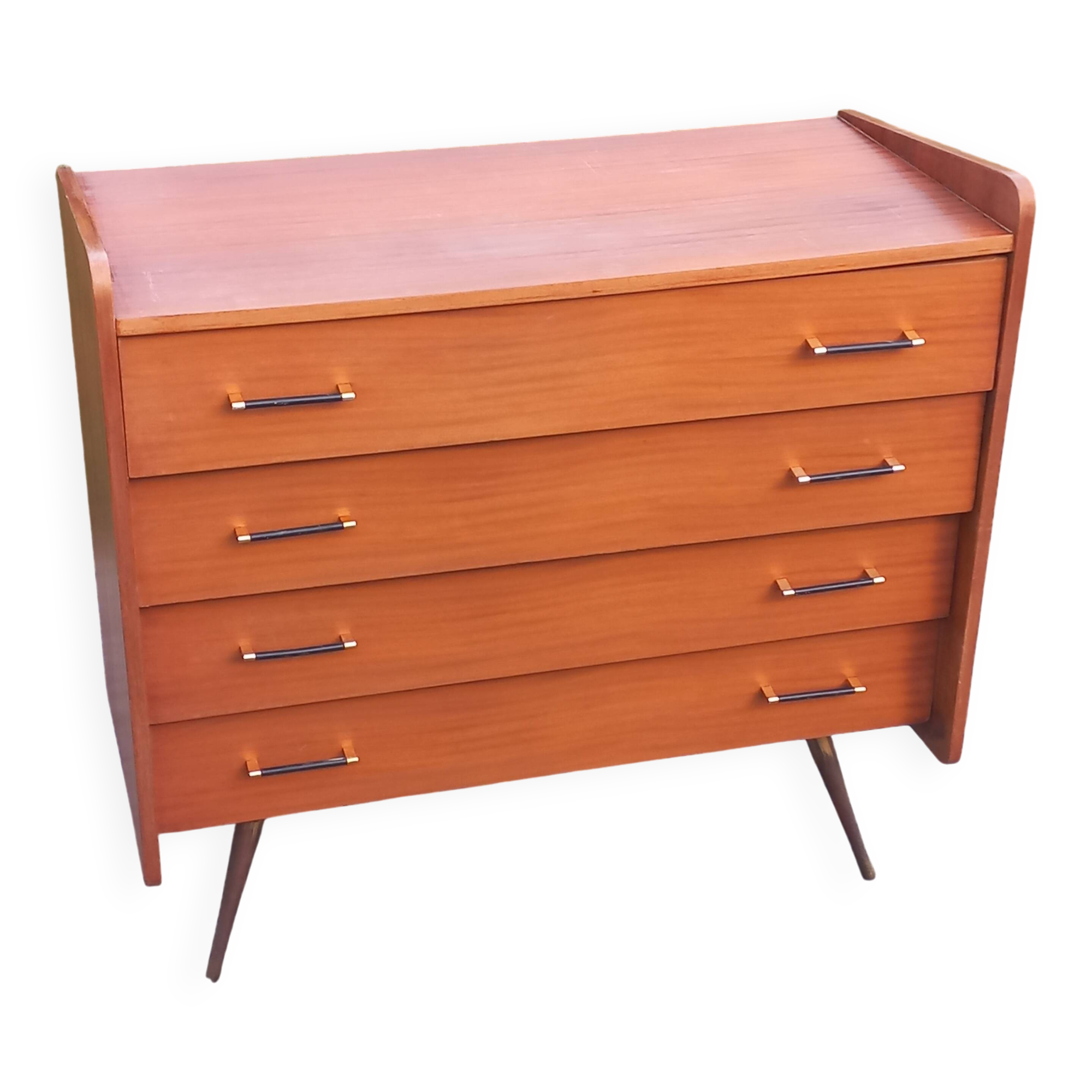 Vintage mahogany commode with metal tapered legs, 4 drawers, 1950s.