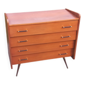 Vintage mahogany commode with metal tapered legs, 4 drawers, 1950s.