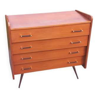 Vintage mahogany commode with metal tapered legs, 4 drawers, 1950s.