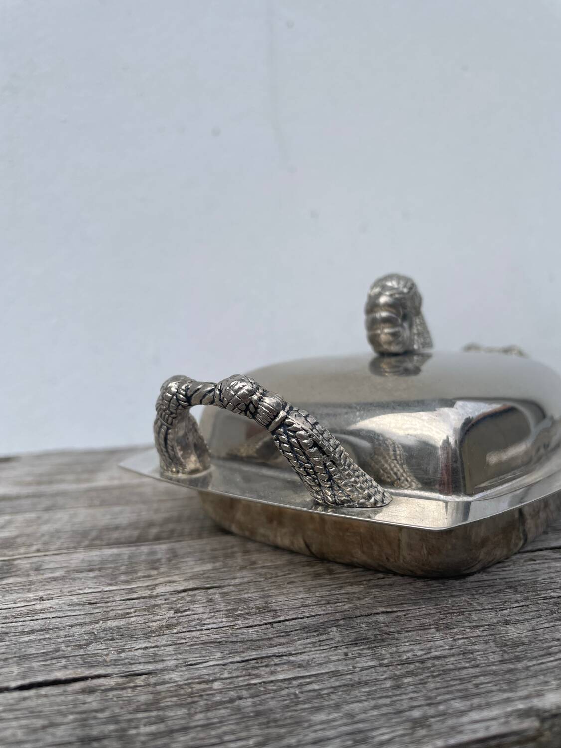 Silver metal pompom butter dish