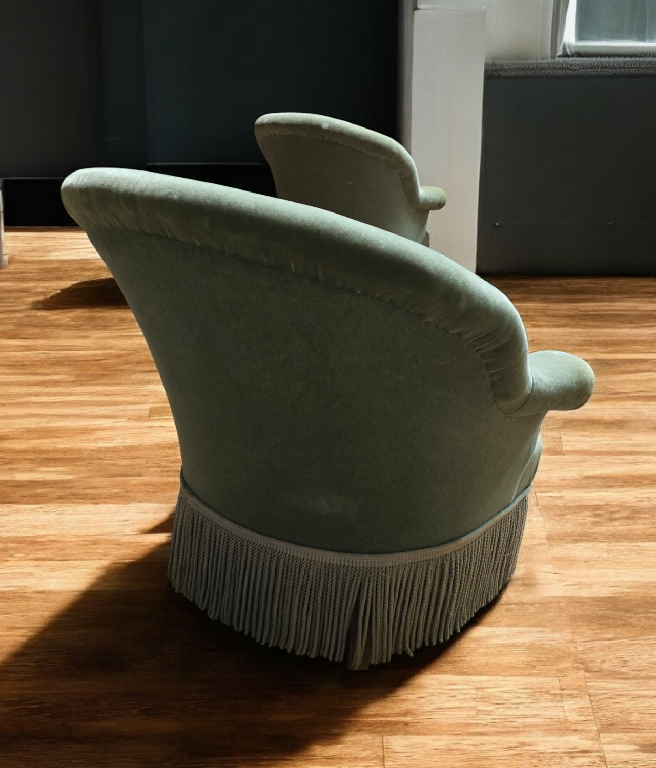 Pair of celadon green velvet armchairs with armrests, esprit