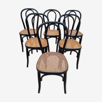 Serie de 6 chaises Thonet de bistrot cannée XXe