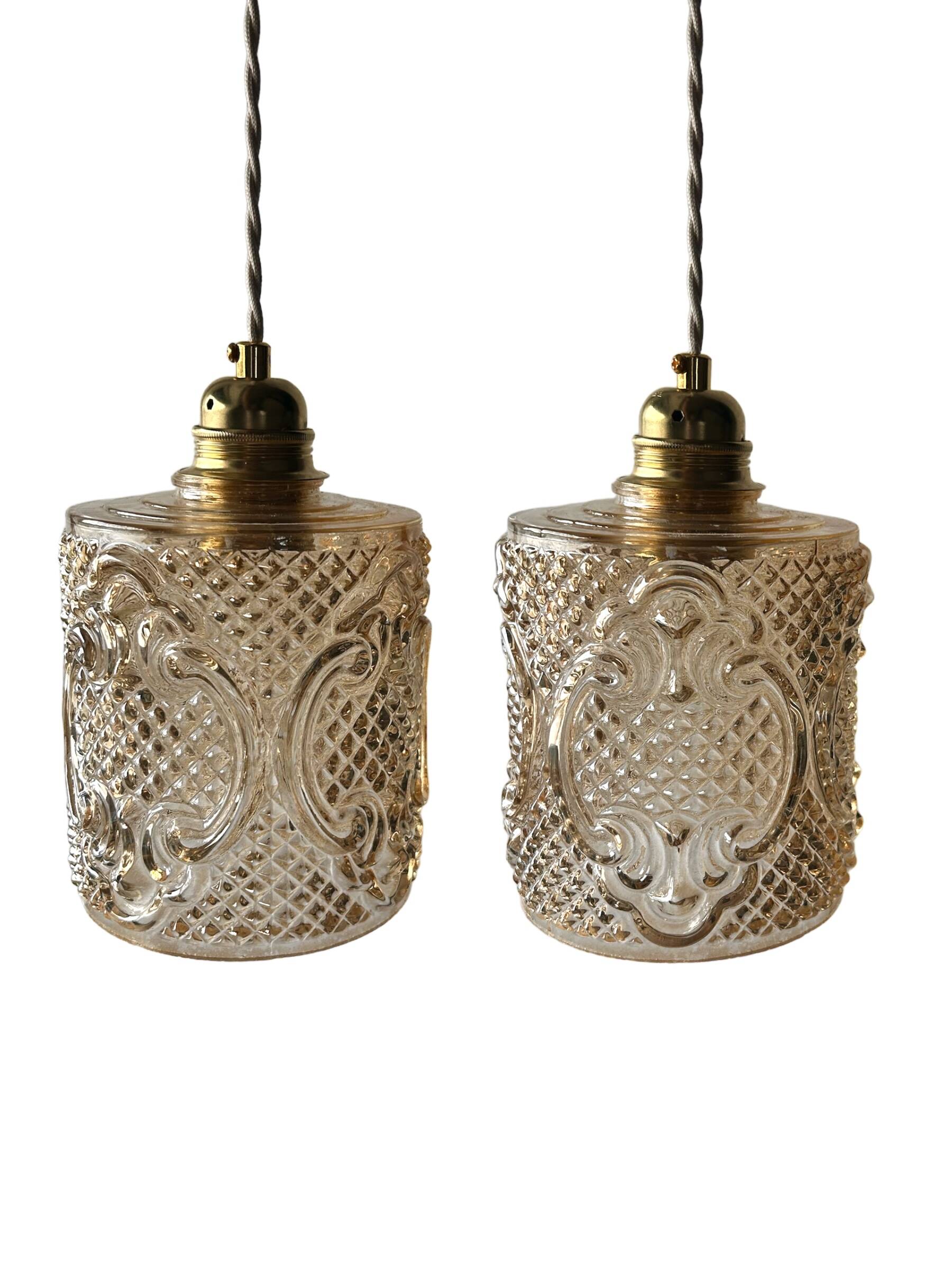Set of two vintage amber glass pendant lights