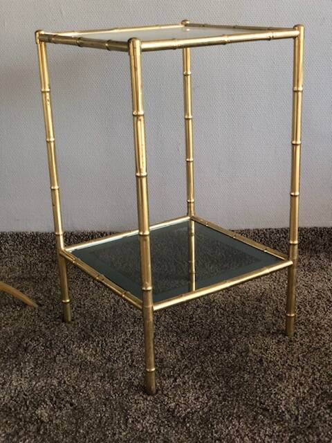 Bamboo-style brass side table with smoked glass 1960