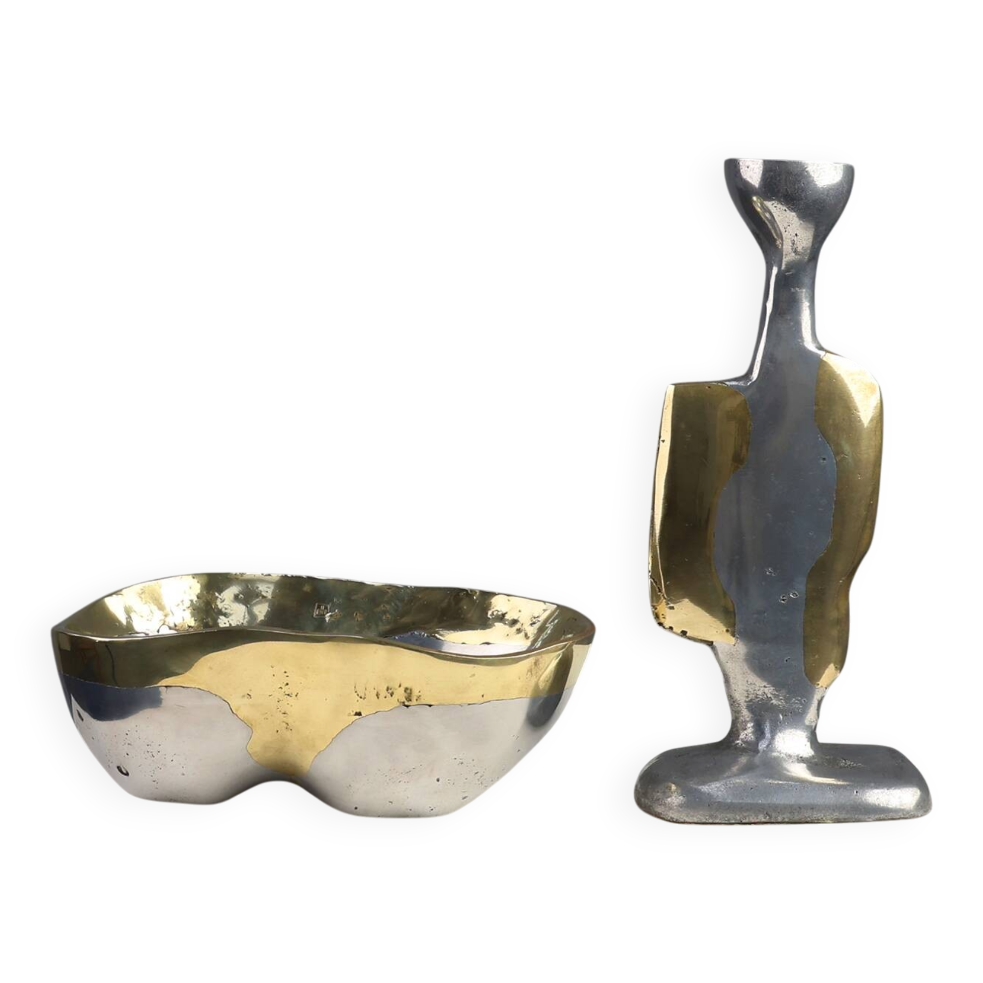 Candleholder and Bowl by David Marshall in Aluminum and Brass, UK 1970s