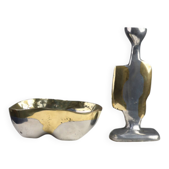 Candleholder and Bowl by David Marshall in Aluminum and Brass, UK 1970s