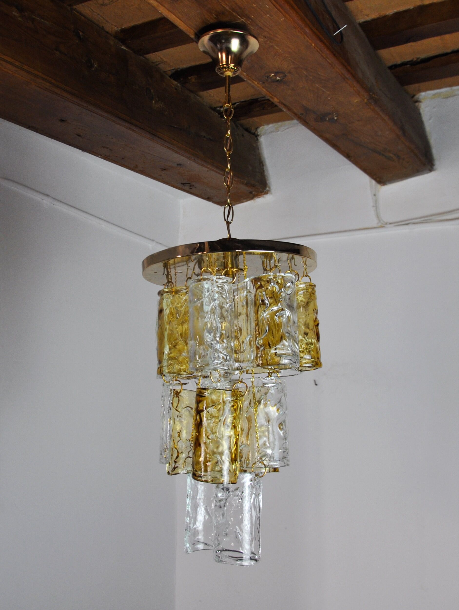 Two-tone chandelier by Zero Quattro, 3 levels, orange and transparent murano glass, Italy, 1970