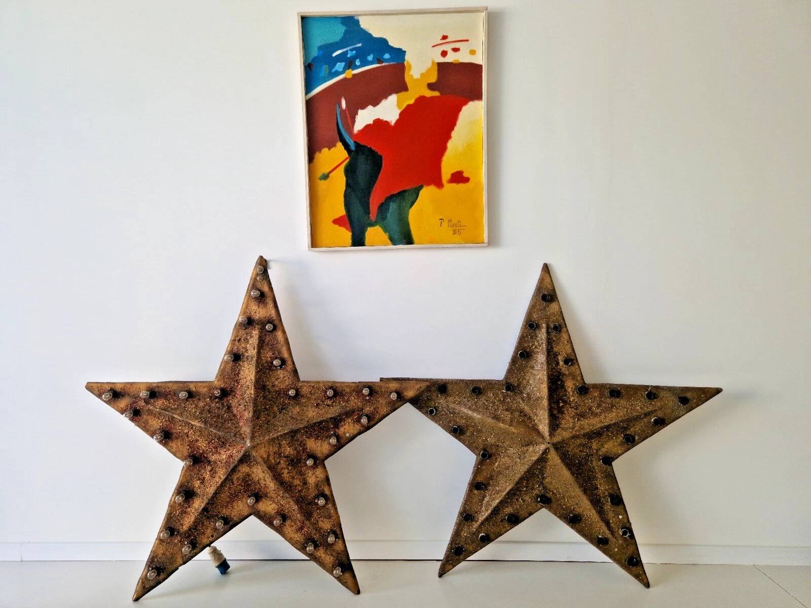 Pair of Vintage Industrial Marquee Star Wall Lights Distressed Gold Finish 1960s