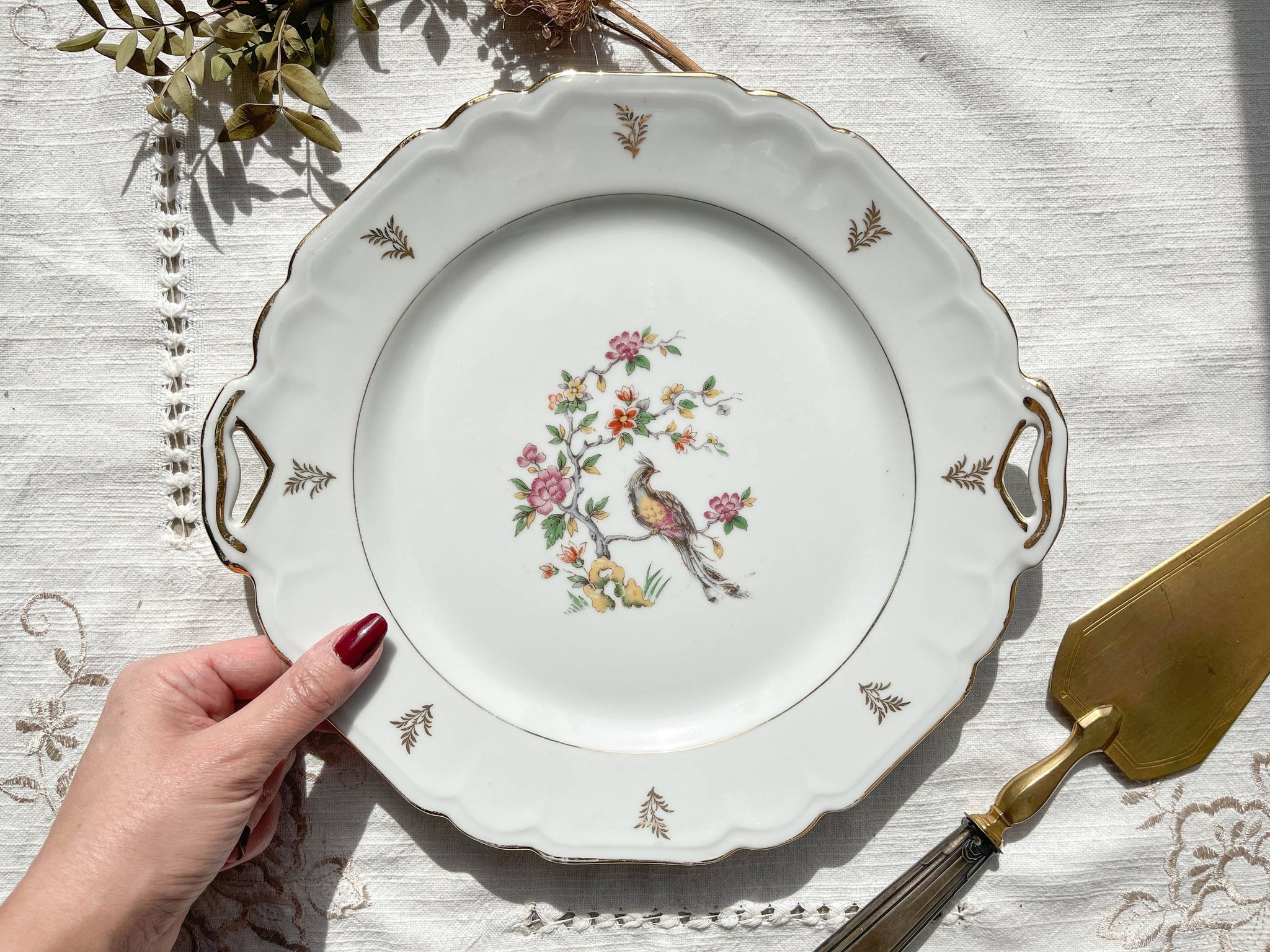Vintage Limoges Berry porcelain cake dish with bird of paradise motif -
