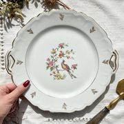 Vintage Limoges Berry porcelain cake dish with bird of paradise motif -