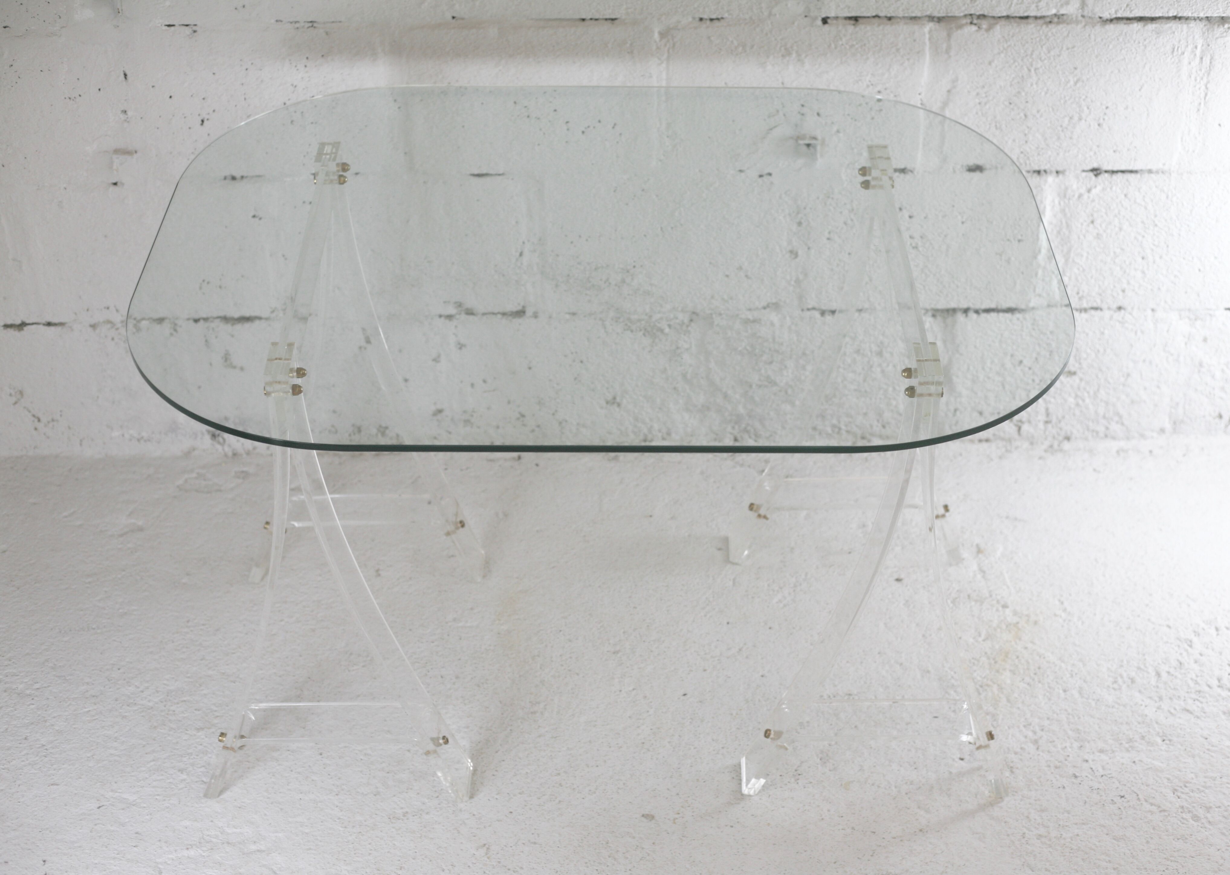 Office Plexiglas trestles, glass tray rounded edges, France, circa 1970
