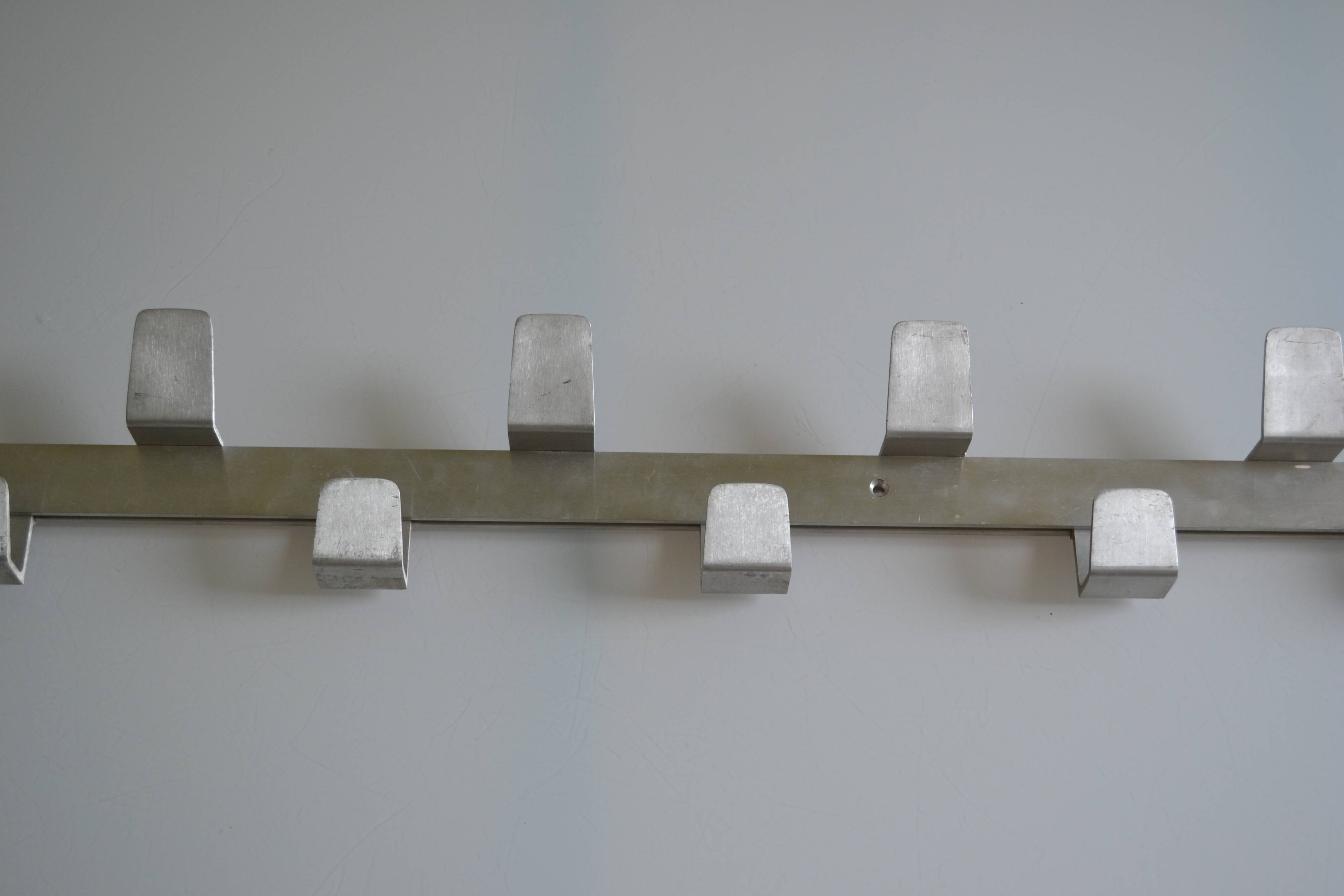 Vintage 70s brushed aluminum metal 12-hook wall coat rack