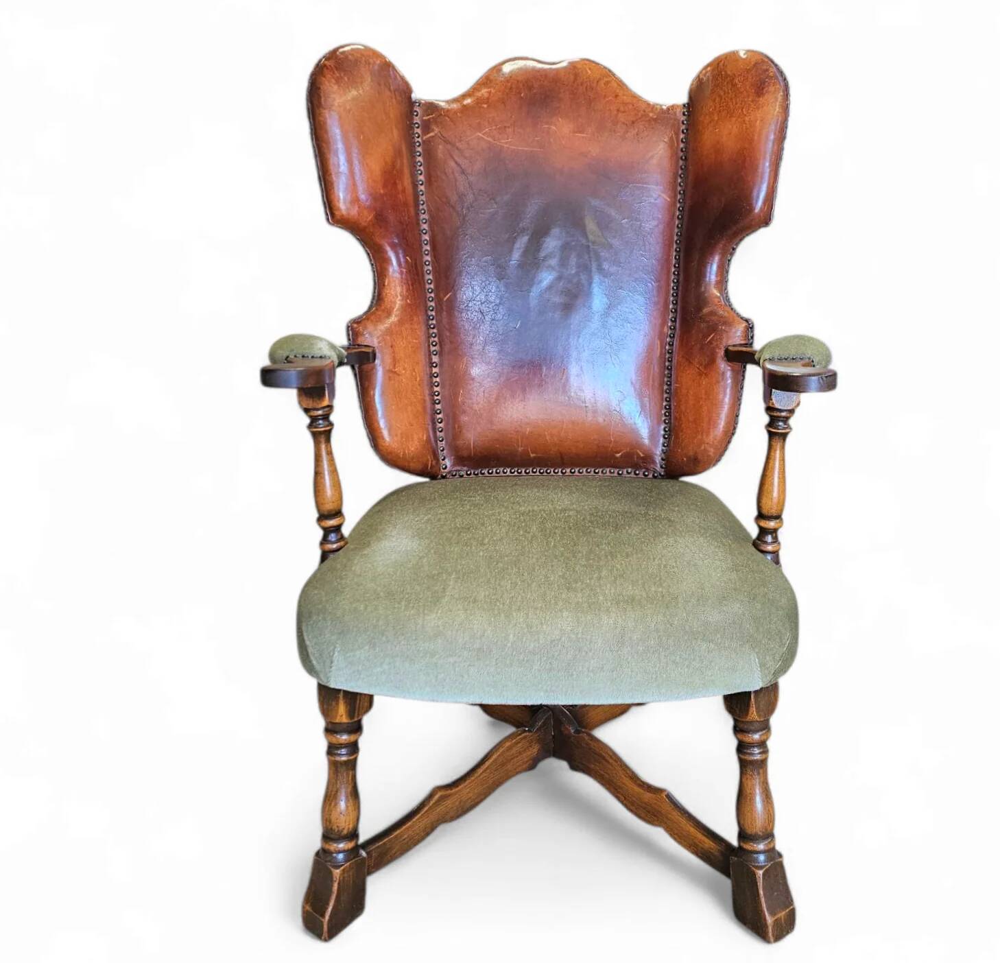 Rare leather and oak wing chair designed by Theo Ruth for Artifort / f 297 from 1949