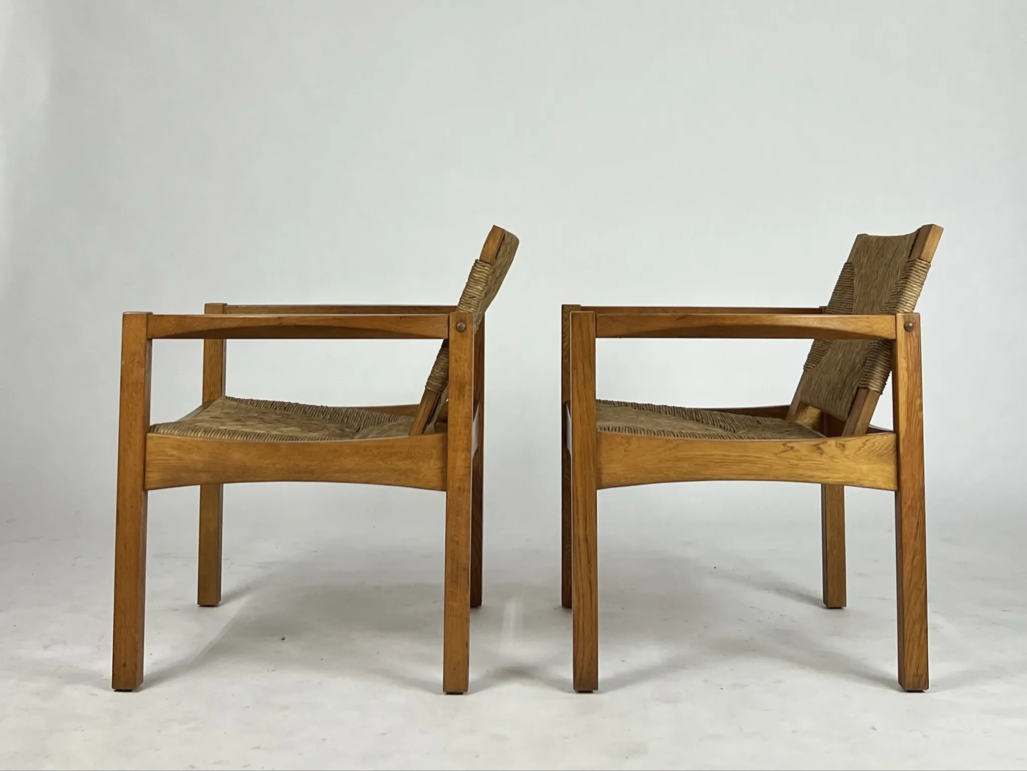 Set of 2 Vintage armchair easy chairs oak & seagrass 60s mid-century