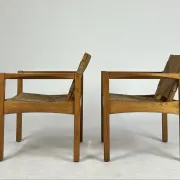 Set of 2 Vintage armchair easy chairs oak & seagrass 60s mid-century