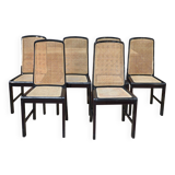 Set of 6 Vintage caned chairs in black lacquered wood, original 1970