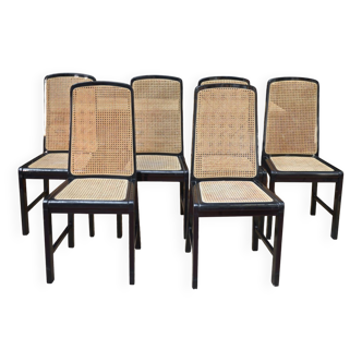 Set of 6 Vintage caned chairs in black lacquered wood, original 1970