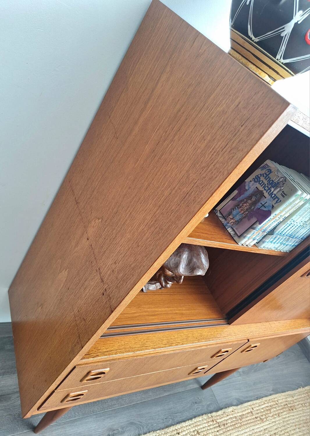 Sideboard, bookcase in teak veneer