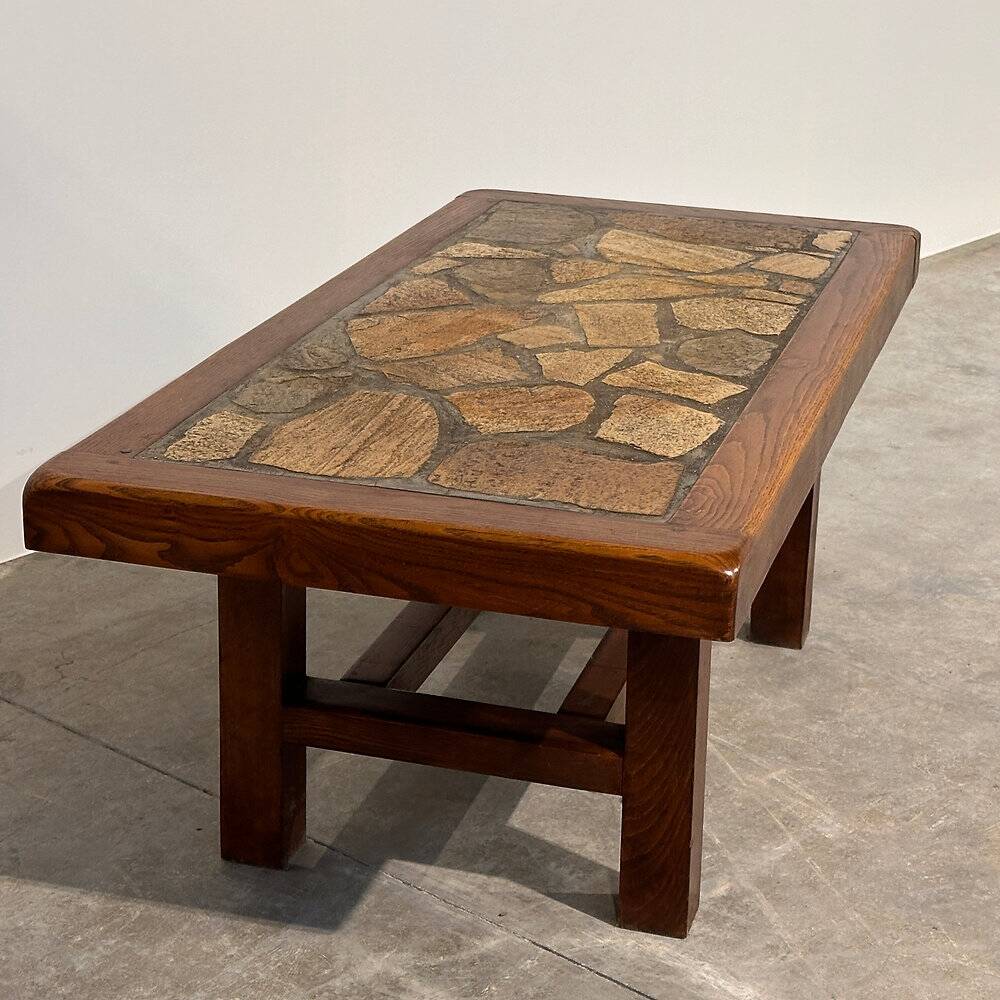Vintage brutalist stone mosaic coffee table – solid wood, 1970s