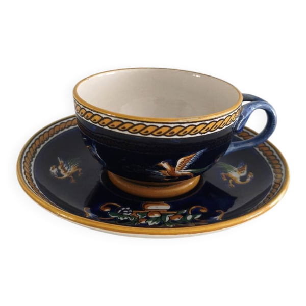 Tasse et soucoupe faïence de Gien - Décor Pivoines Bleues / Chine