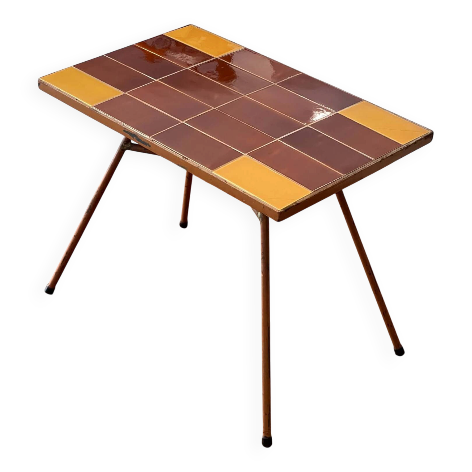 Table d’appoint, bout de canapé en céramique marron et jaune