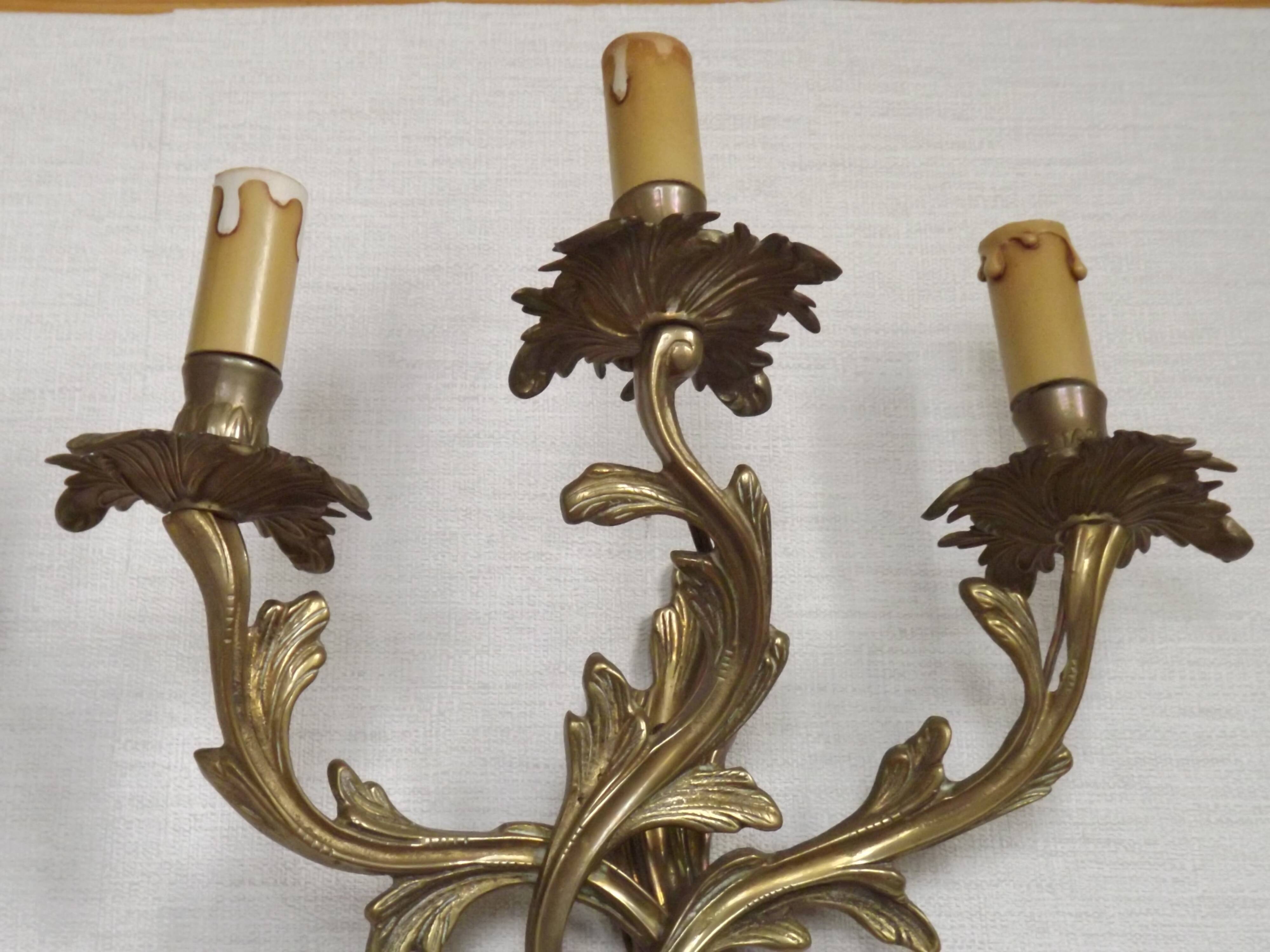 Magnificent Pair of French Antique Bronze Three-Light Acanthus Wall Sconces