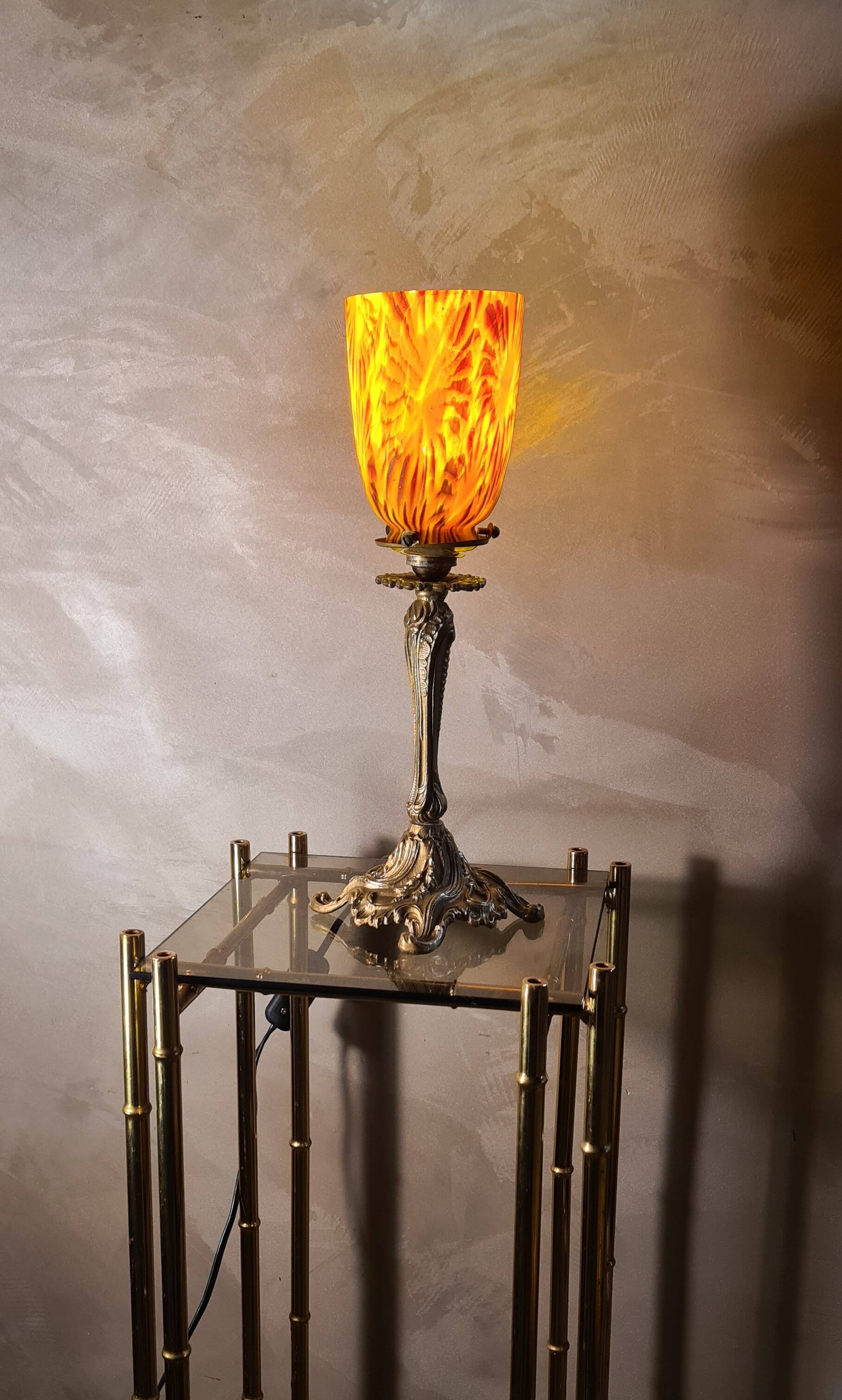 art nouveau rocaille style bronze lamp, superb tulip, 36x15, very good condition