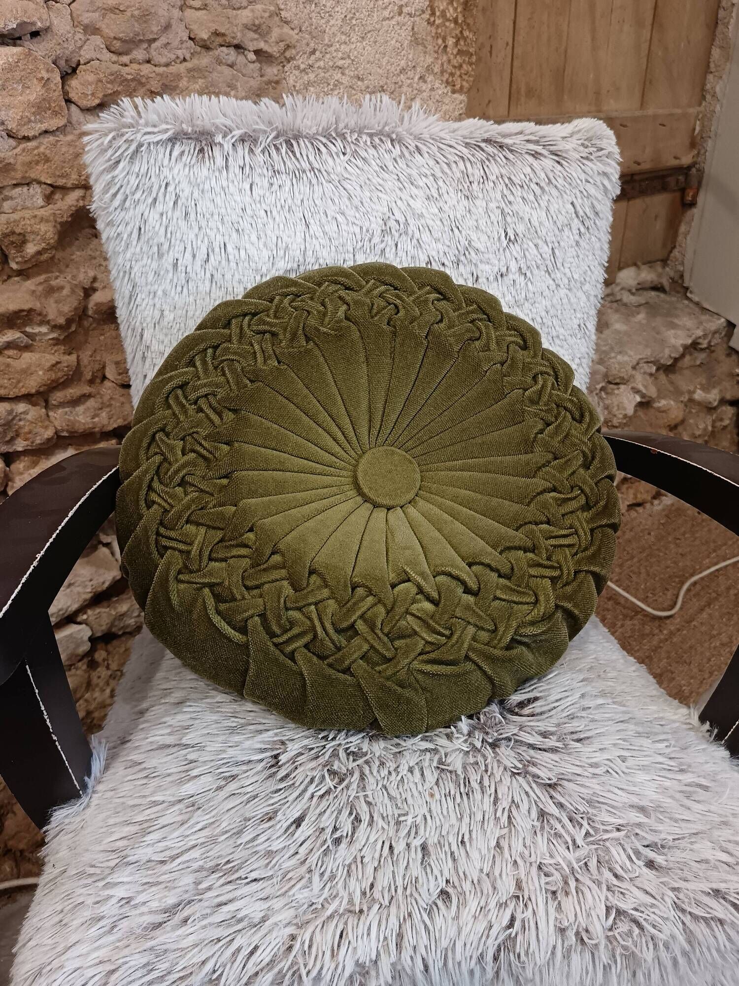 Vintage khaki velvet cushion in new condition.