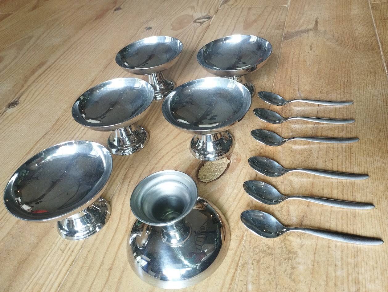 Vintage ice cream or dessert service in stainless steel