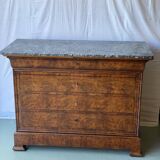 Vintage Louis Philippe chest of drawers in burr walnut and gray marble