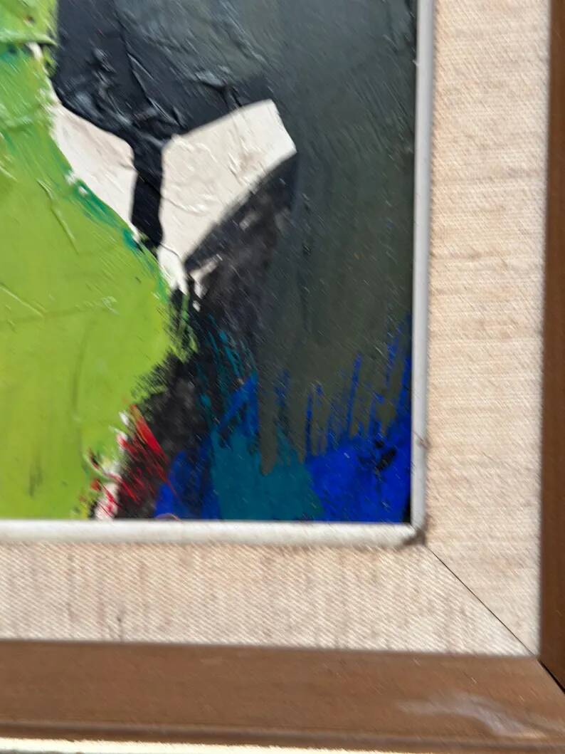 Original Swedish Oil on Panel – “Abstract in Green” by Hans Oswald – Signed – Vintage and Framed – 32 × 25 cm (12.6" × 9.8")