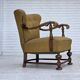1960s, Danish armchair, original green furniture wool, carved oak wood,