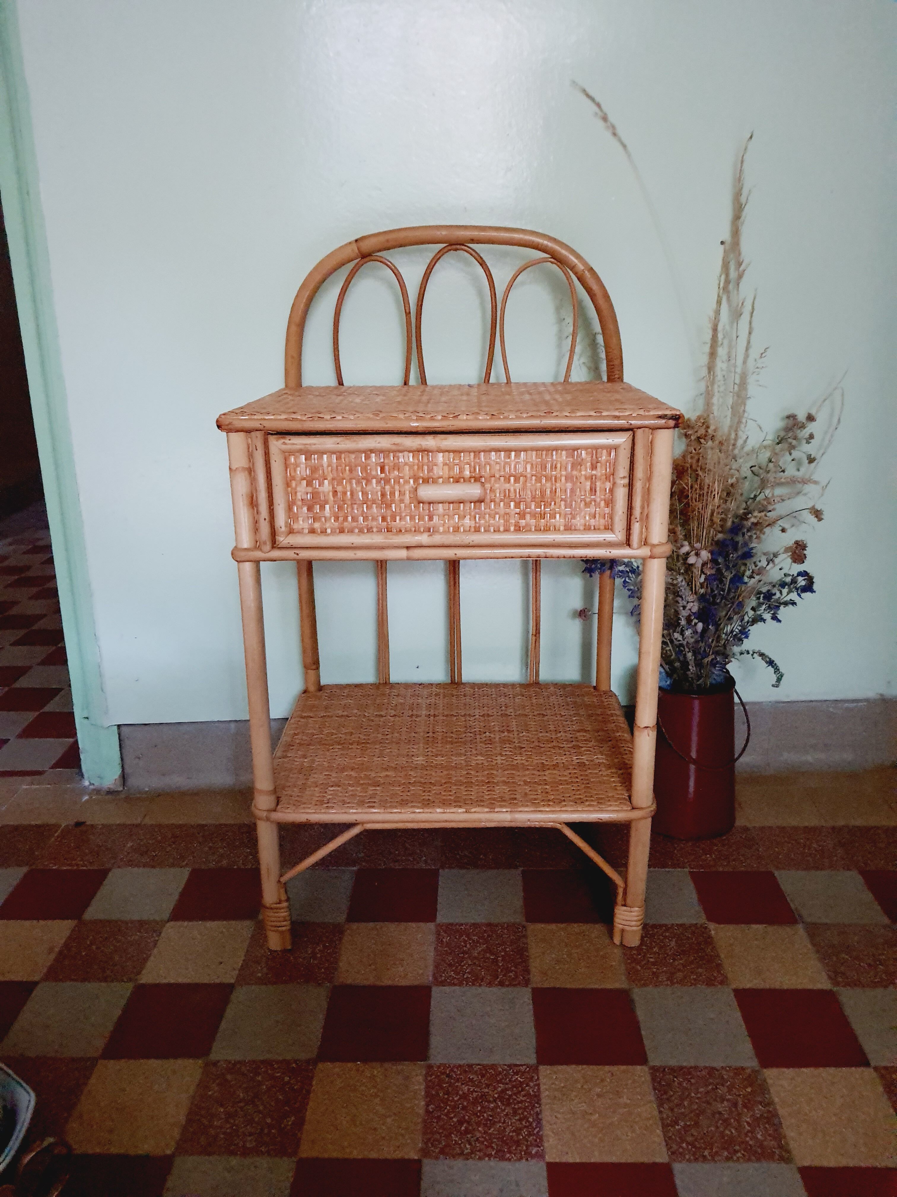 60' vintage rattan bedside table
