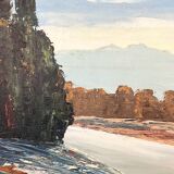 Tableau, huile sur carton « Rivière dans les Alpes »