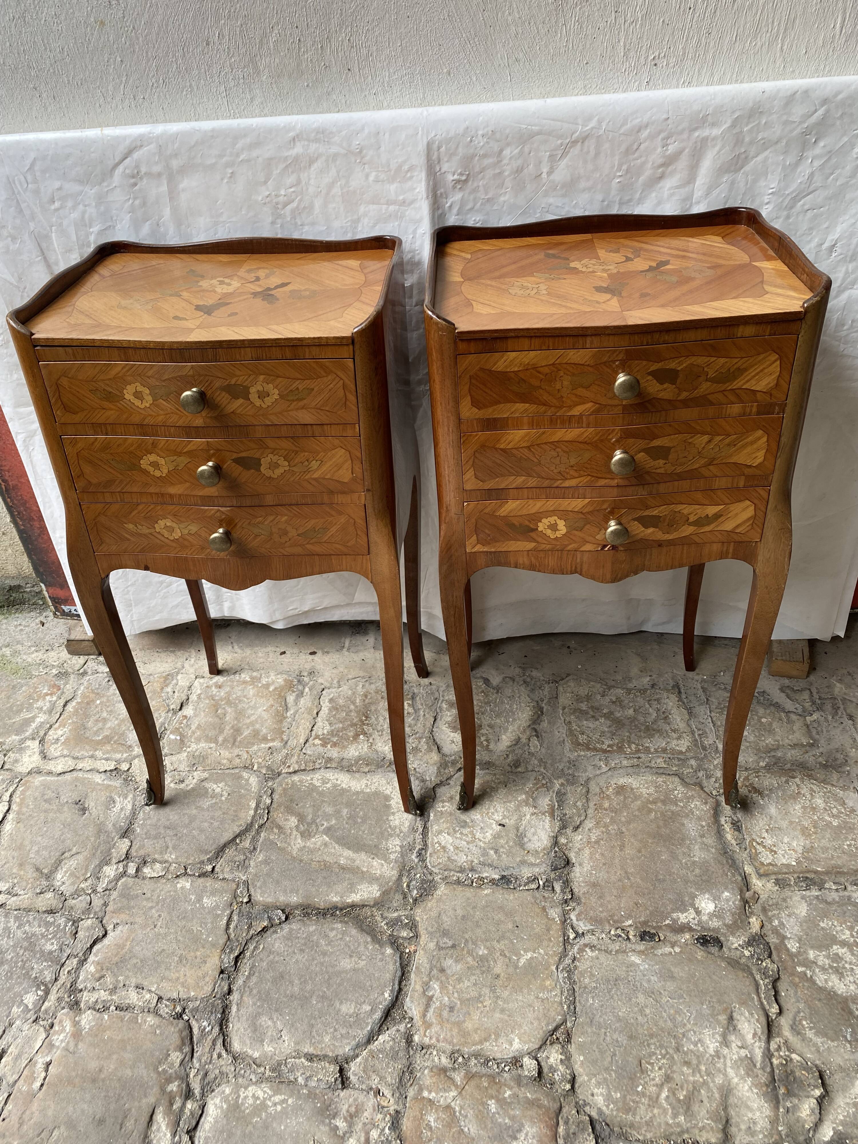 Pair of bedside tables/side tables in Louis XV style marquetry.