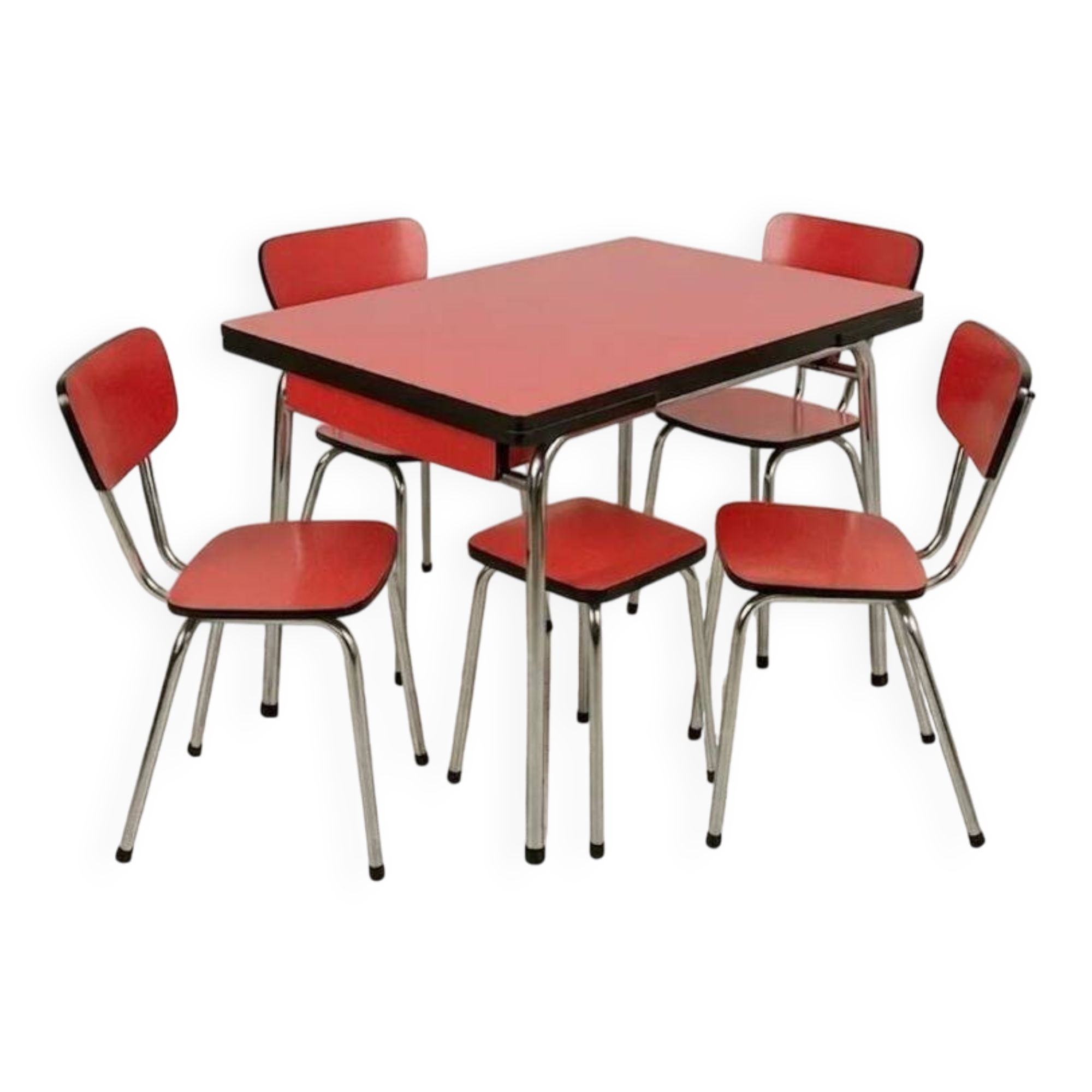 Extendable Table + 4 Chairs + 1 Stool - in Red Formica