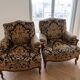 Living room set: sofa and 2 Louis XV armchairs in wood and damask fabric.