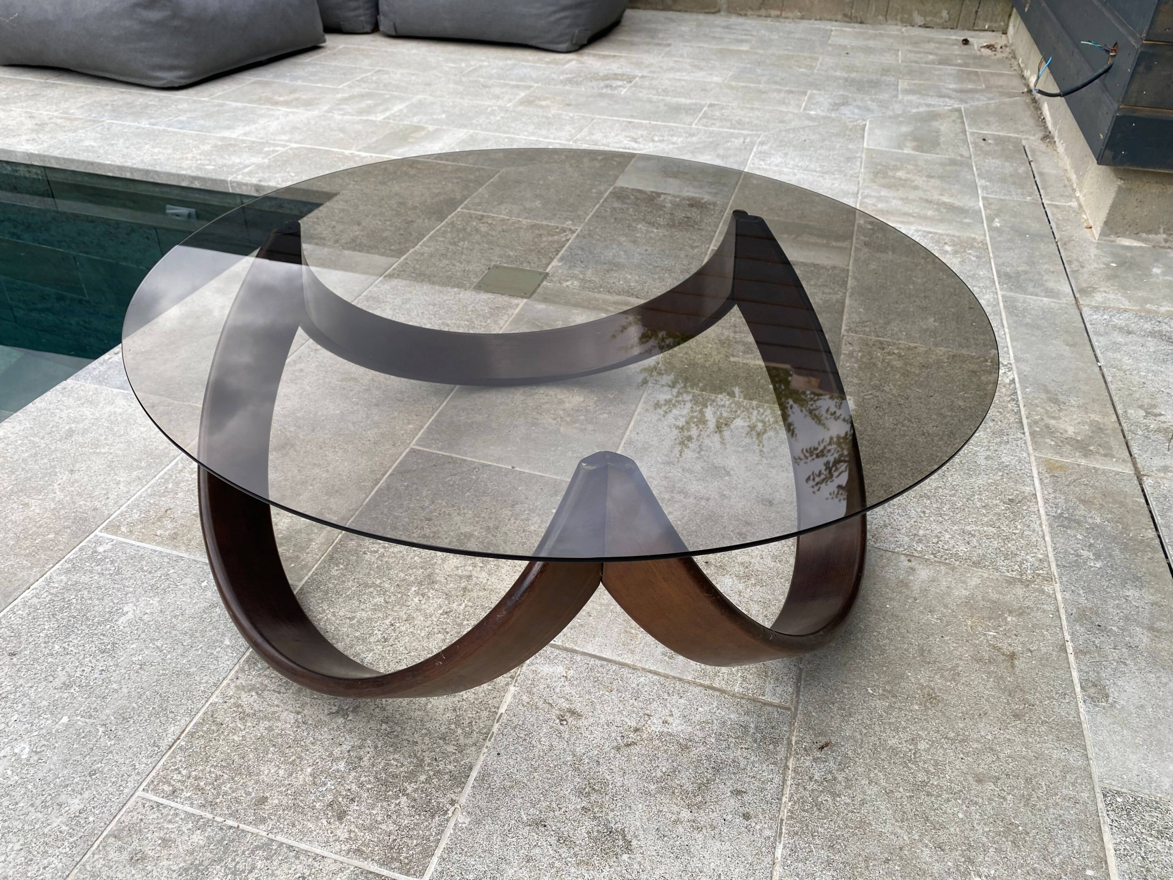 Vintage 1970s organic wood glass round coffee table