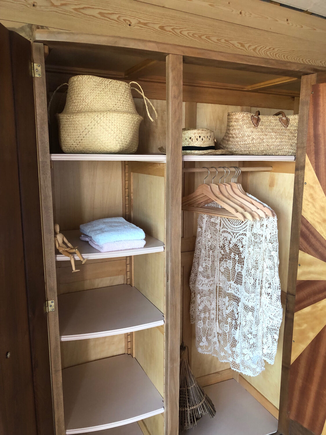 Art Deco wardrobe, solid wood and beveled mirror