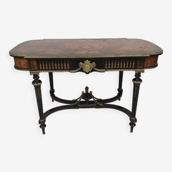Middle table Napoleon III in magnifying glass veneer and blackened wood, bronze ornaments