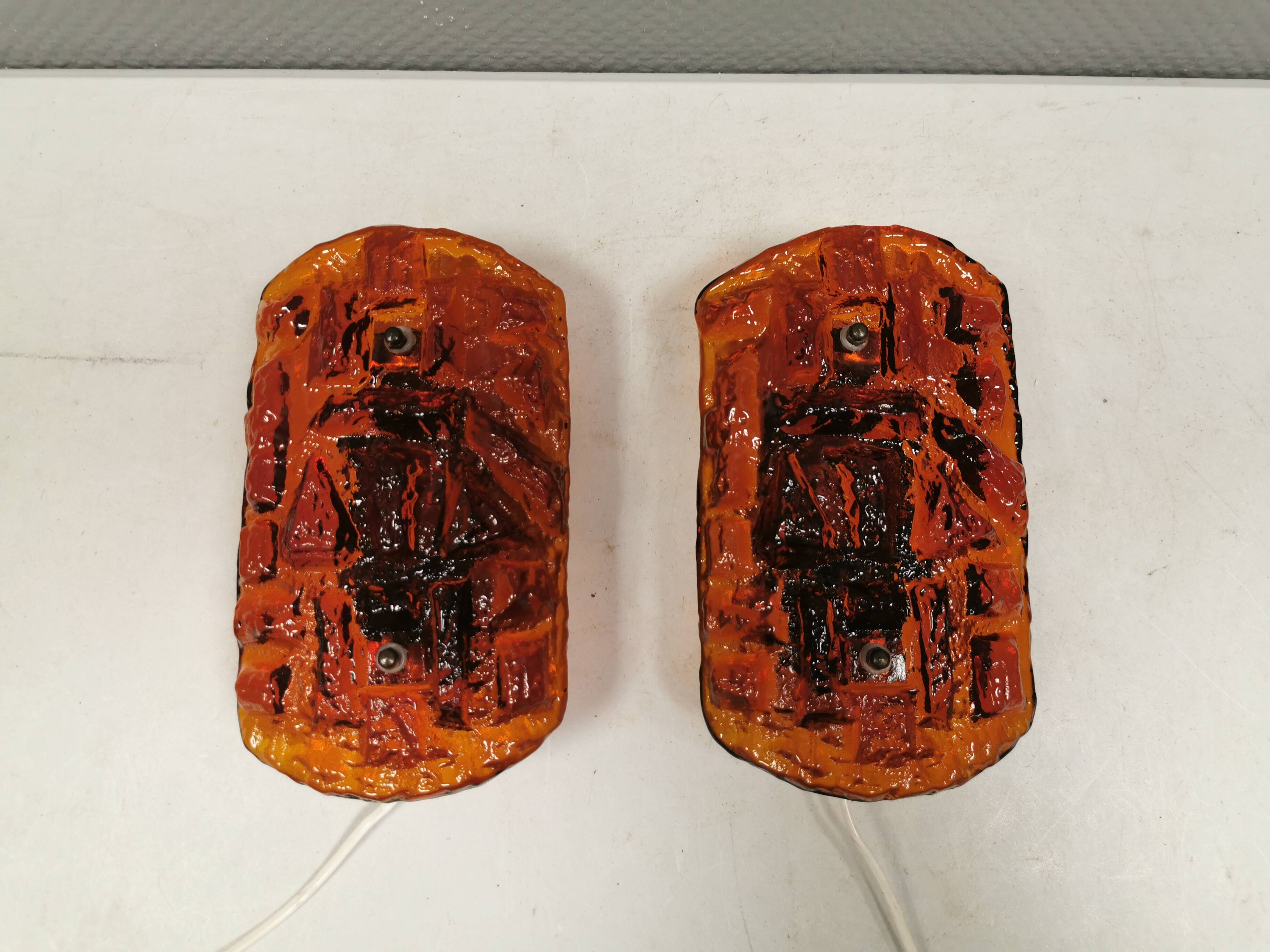 A set of wall lamps in amber-colored glass from Danish Vitrika, 1970s